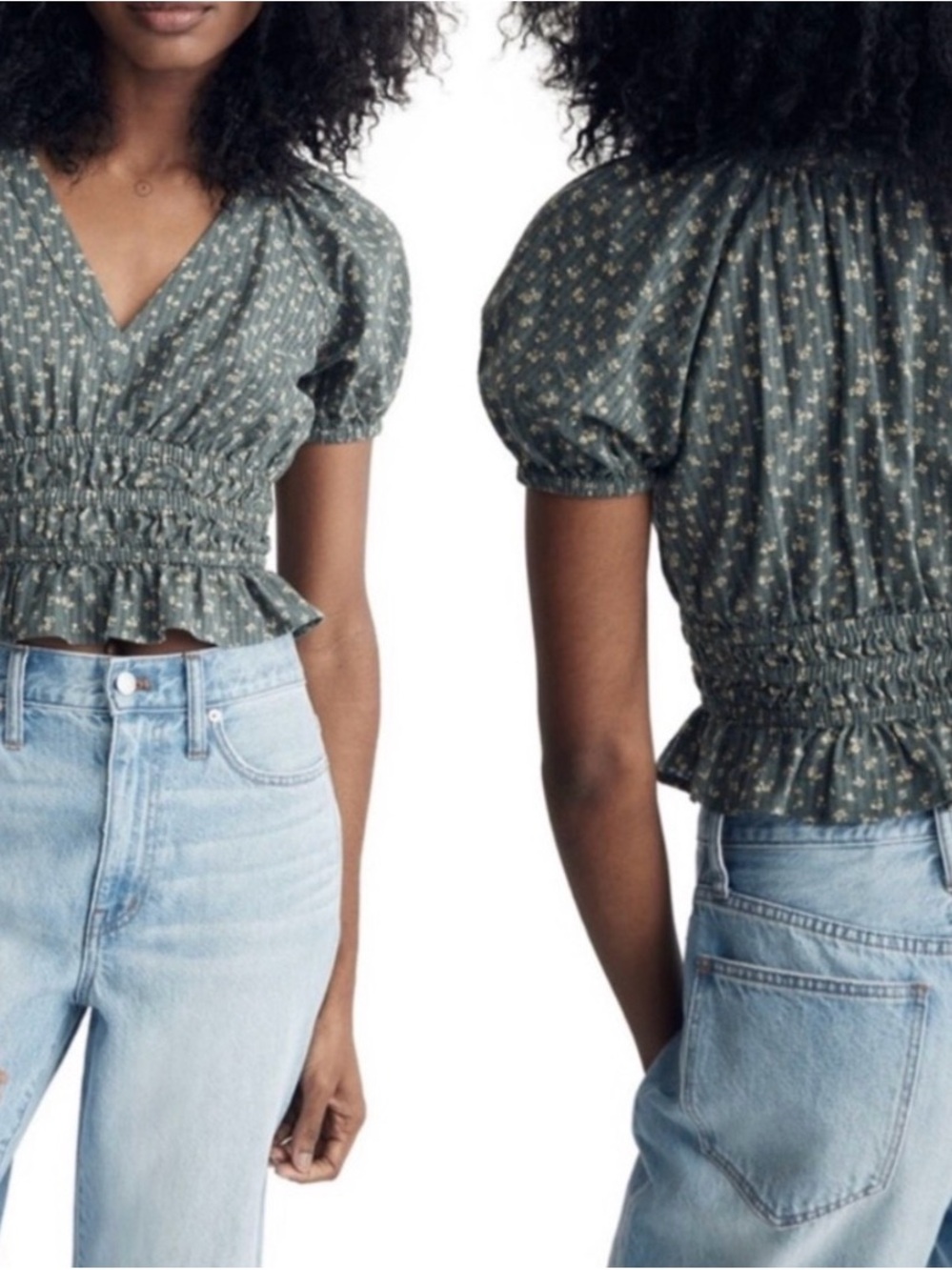 Madewell Bitsy Boutique Green Floral Smocked Puff Sleeve Crop Top Small